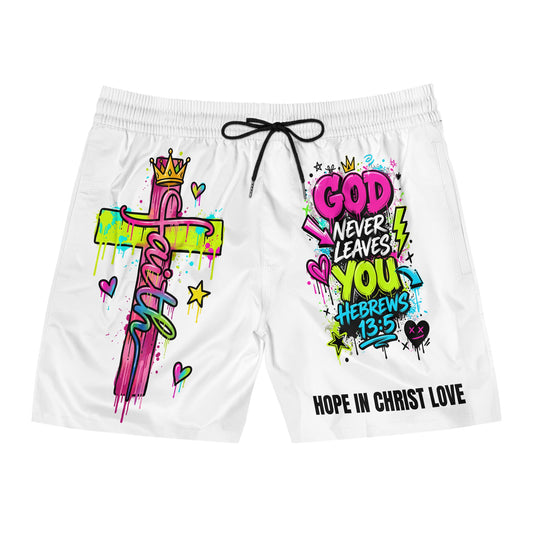 Christian Swim Shorts — "God Never Leaves You" Hebrews 13:5 Graphic
