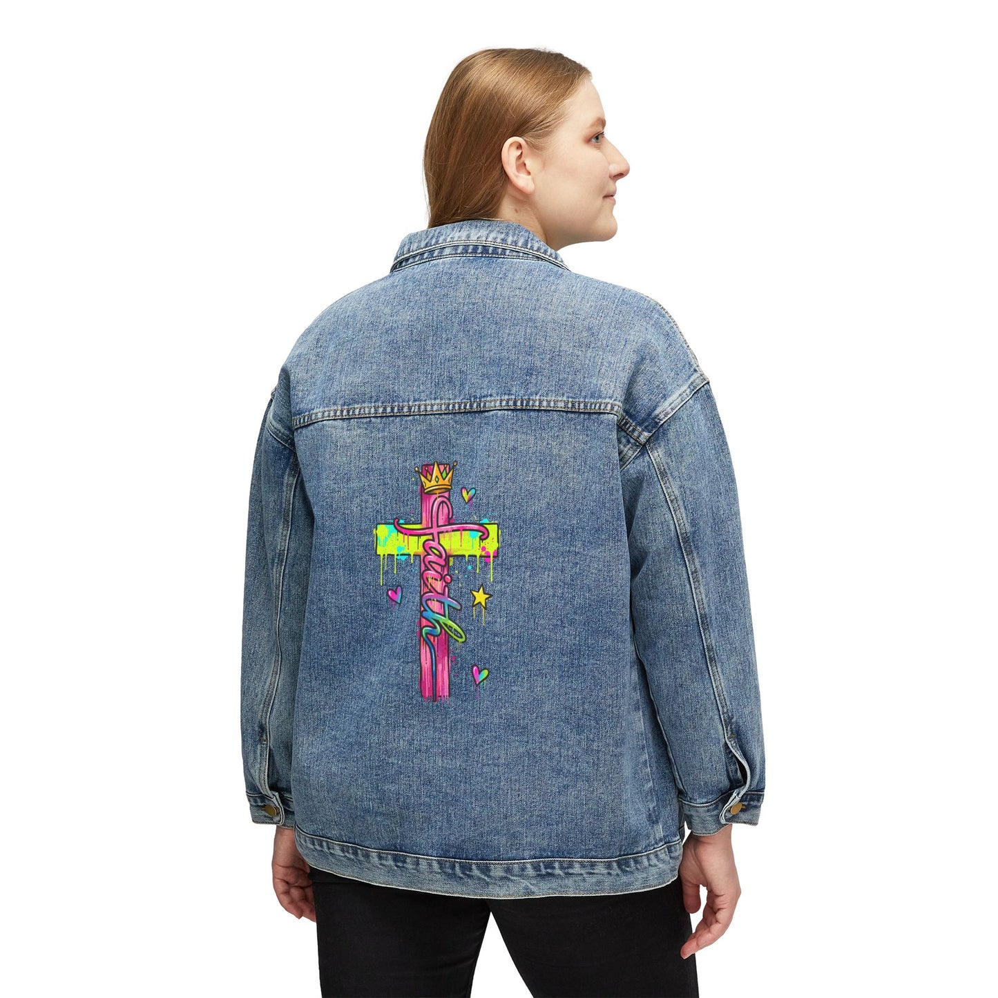 Women's Denim Jacket with Colorful Crowned Cross Back — Christian Faith Graphic Jacket