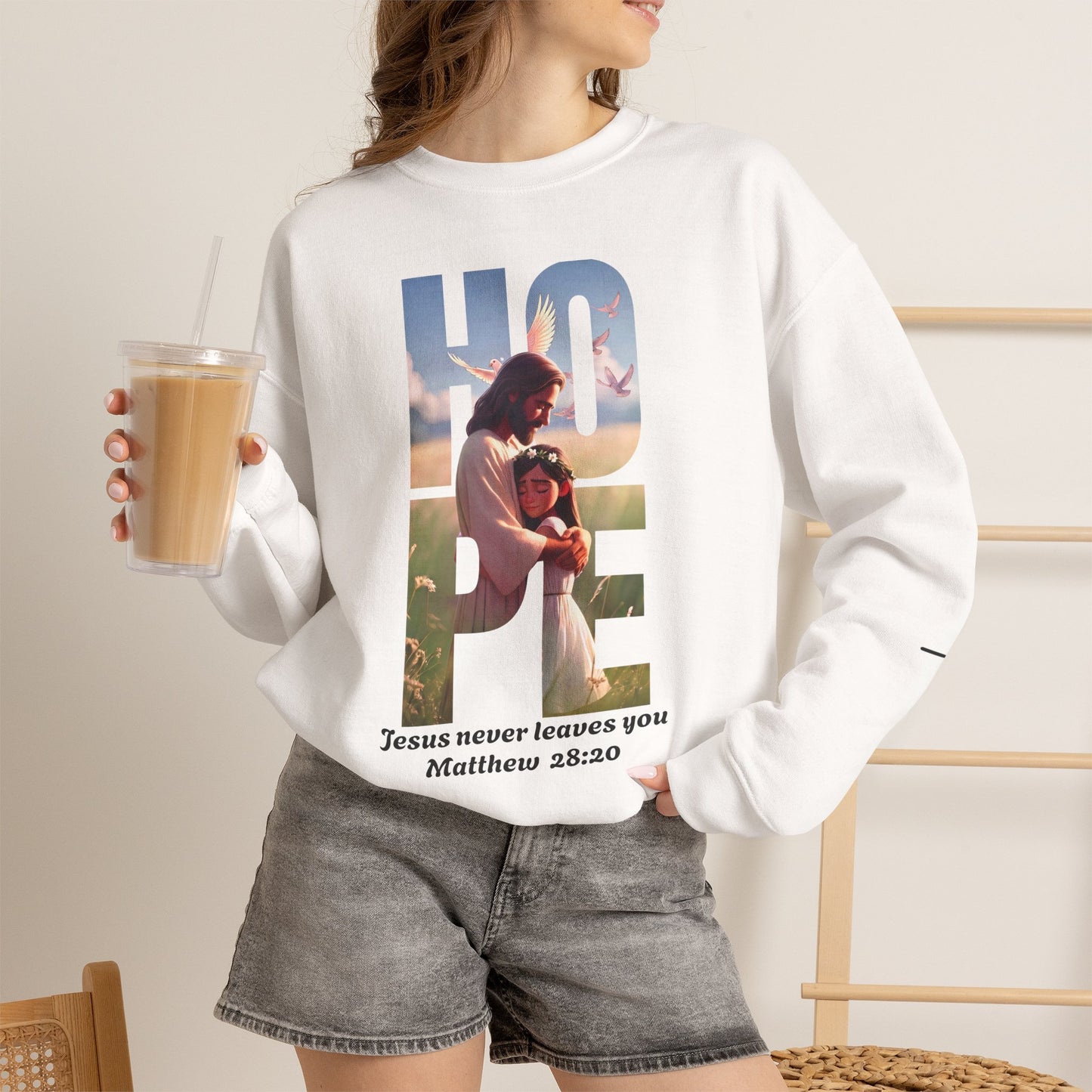 Hope Crewneck Sweatshirt — "Hope: Jesus never leaves you" Christian Faith Pullover