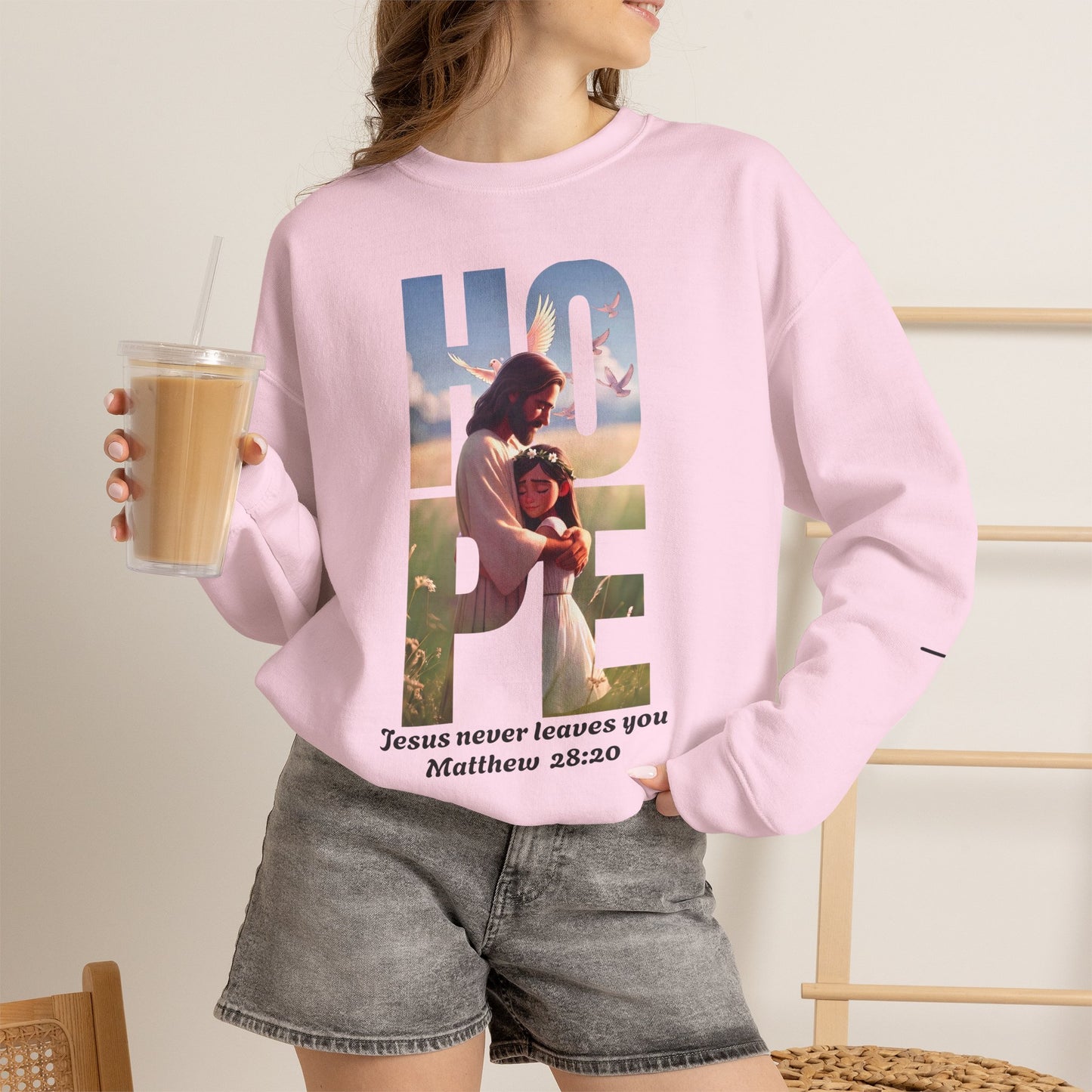 Hope Crewneck Sweatshirt — "Hope: Jesus never leaves you" Christian Faith Pullover