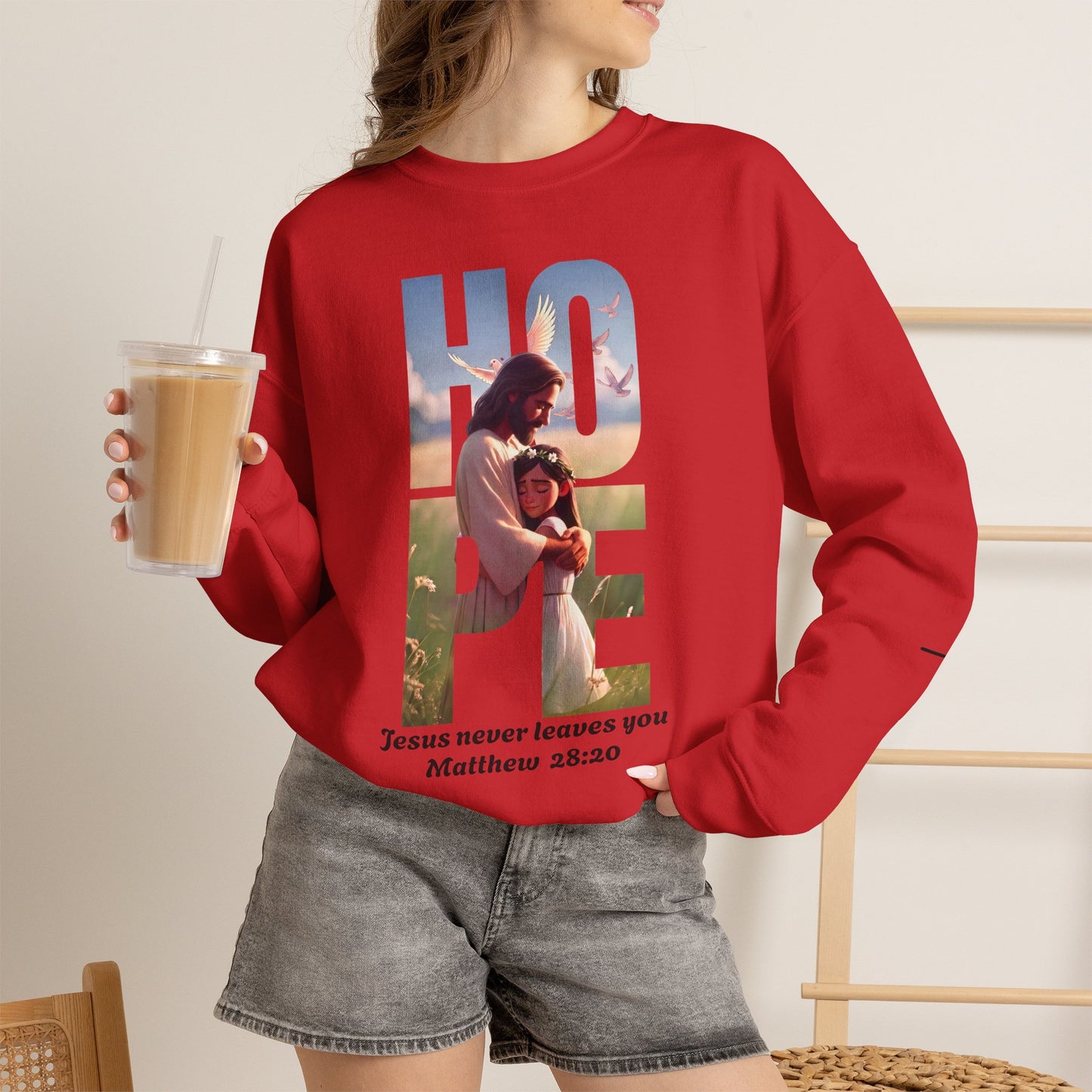 Hope Crewneck Sweatshirt — "Hope: Jesus never leaves you" Christian Faith Pullover
