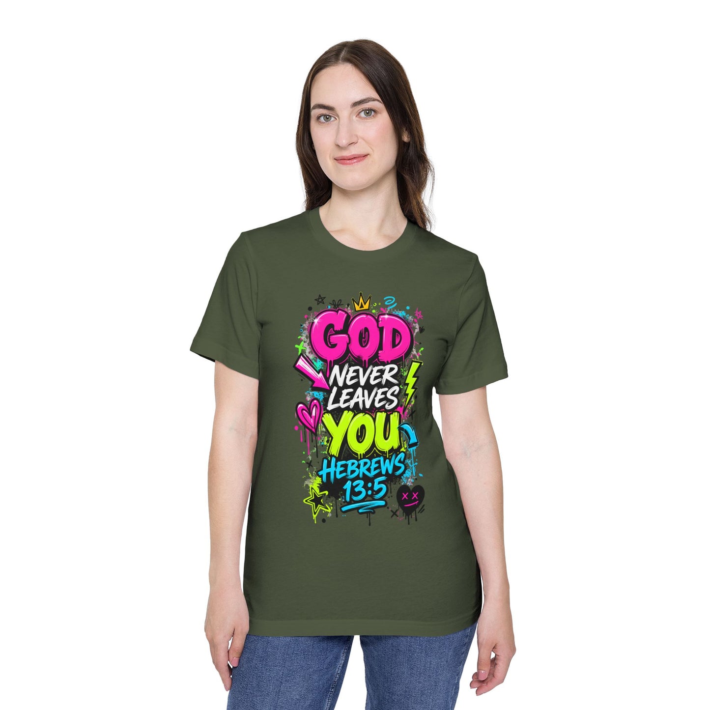 God Never Leaves You T‑Shirt — Hebrews 13:5 Inspirational Christian Tee