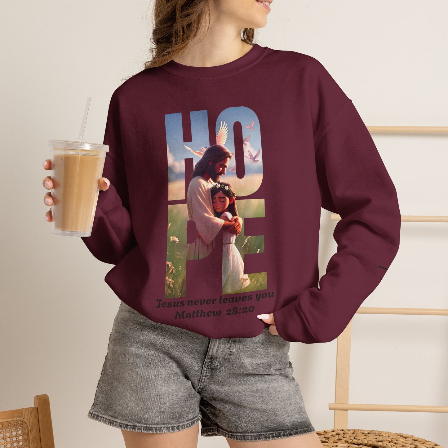 Hope Crewneck Sweatshirt — "Hope: Jesus never leaves you" Christian Faith Pullover