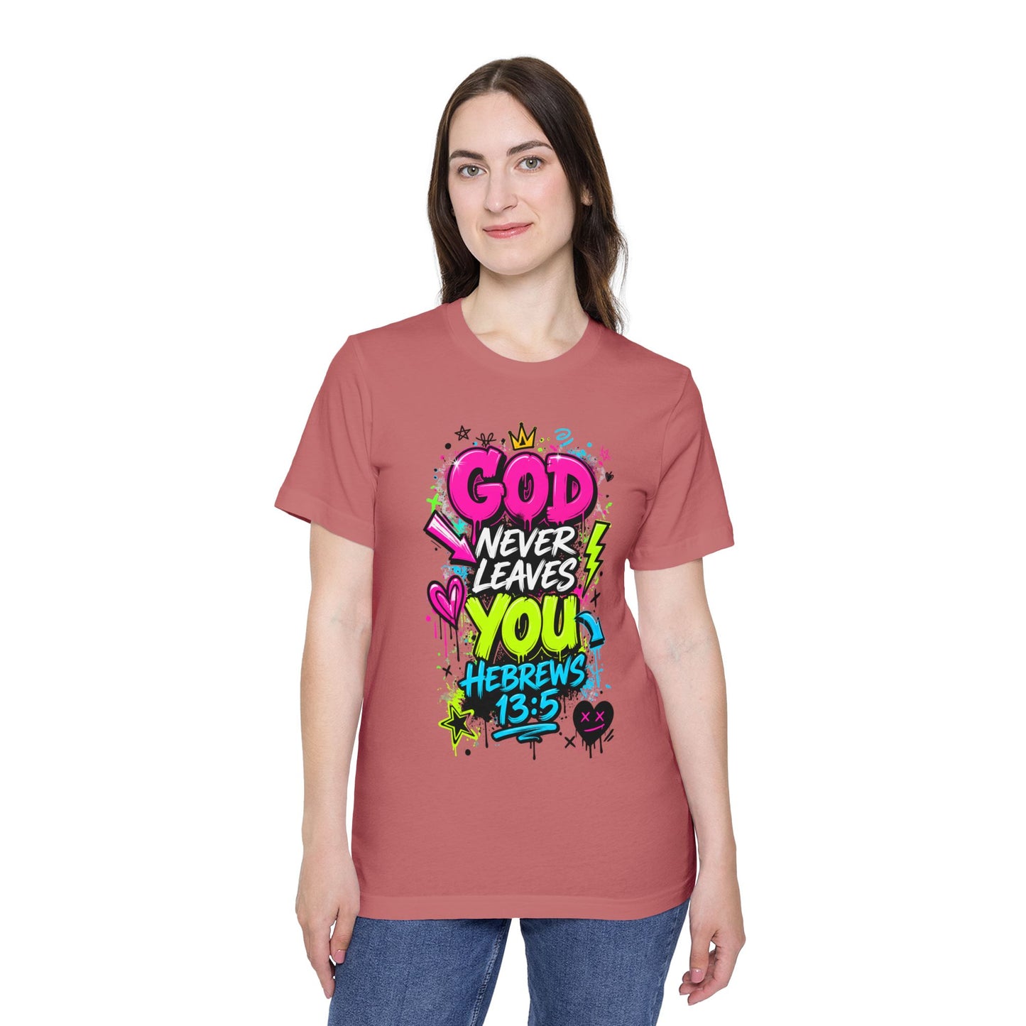 God Never Leaves You T‑Shirt — Hebrews 13:5 Inspirational Christian Tee
