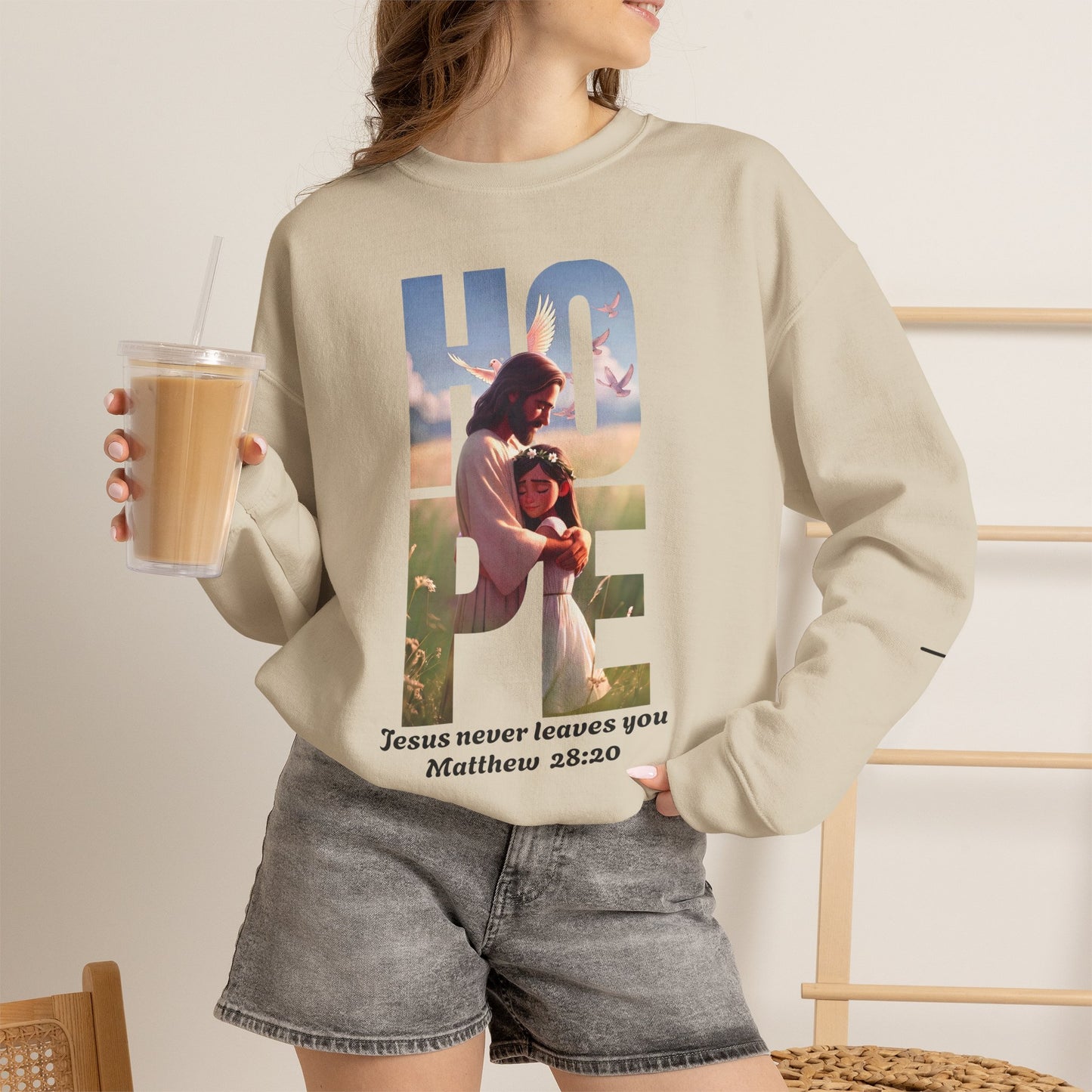 Hope Crewneck Sweatshirt — "Hope: Jesus never leaves you" Christian Faith Pullover