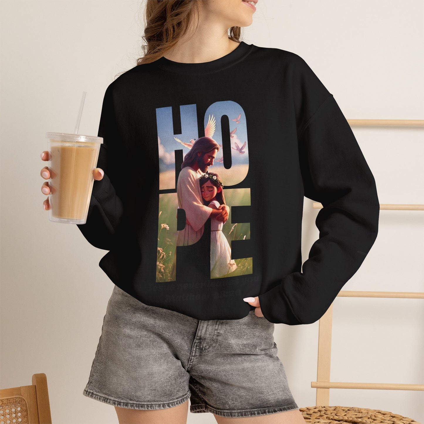 Hope Crewneck Sweatshirt — "Hope: Jesus never leaves you" Christian Faith Pullover