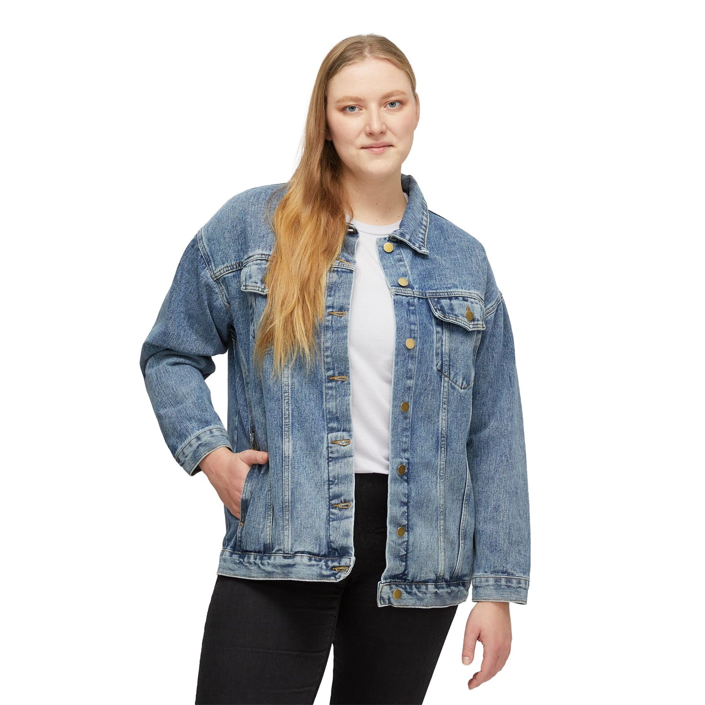 Women's Denim Jacket with Colorful Crowned Cross Back — Christian Faith Graphic Jacket