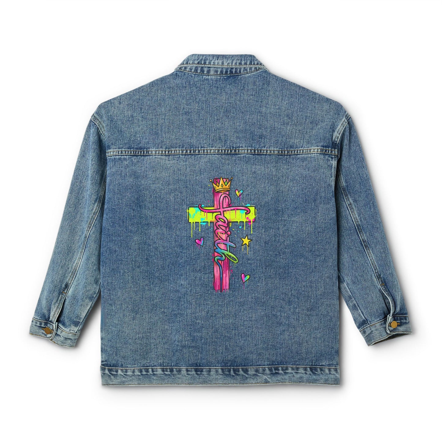 Women's Denim Jacket with Colorful Crowned Cross Back — Christian Faith Graphic Jacket