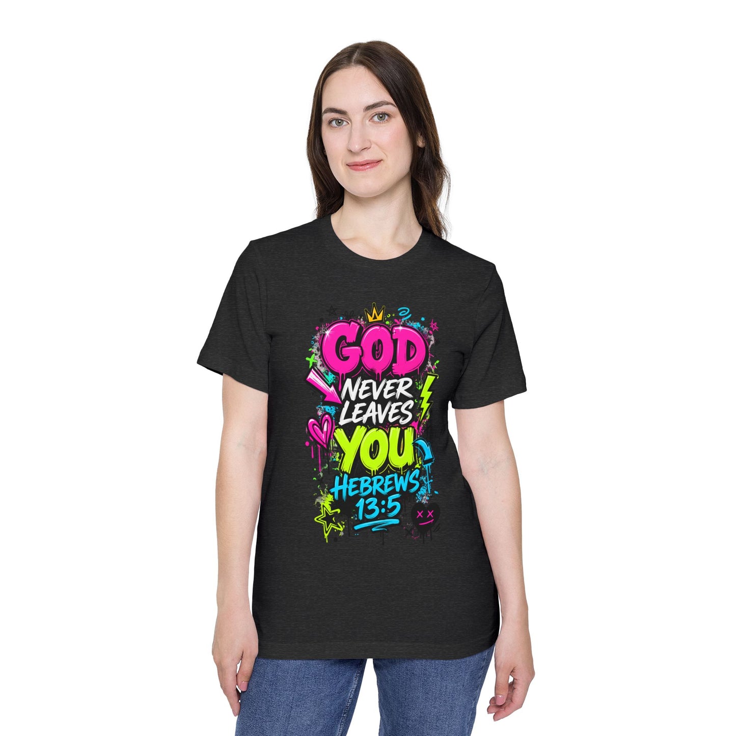 God Never Leaves You T‑Shirt — Hebrews 13:5 Inspirational Christian Tee