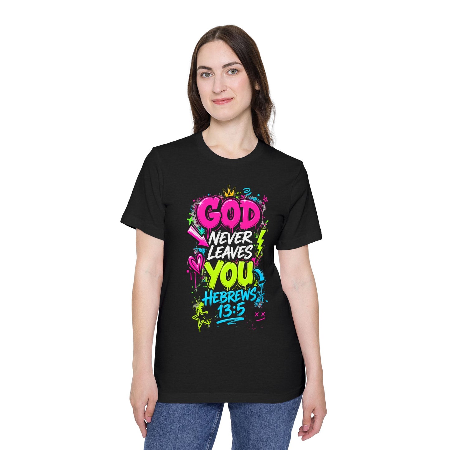 God Never Leaves You T‑Shirt — Hebrews 13:5 Inspirational Christian Tee