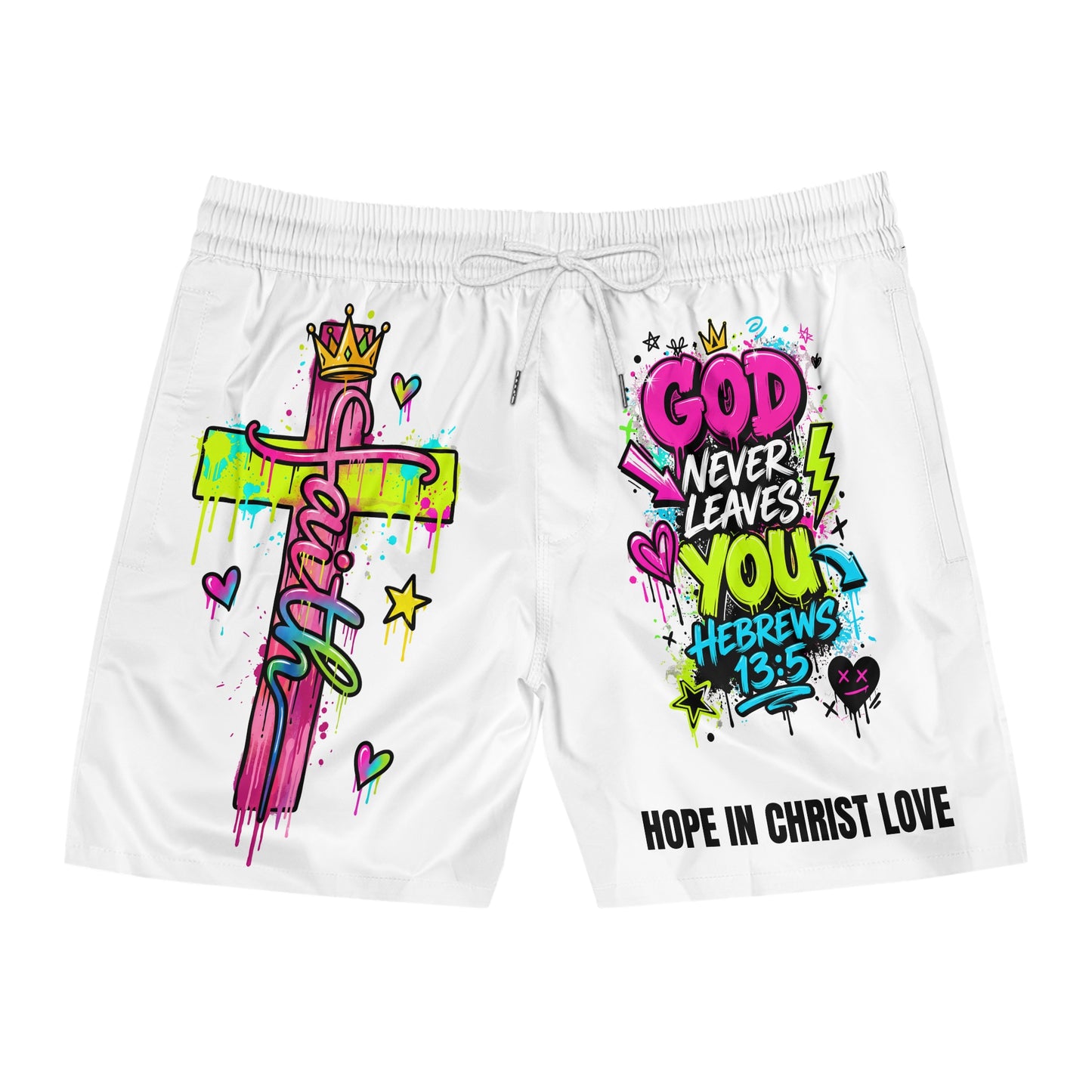 Christian Swim Shorts — "God Never Leaves You" Hebrews 13:5 Graphic